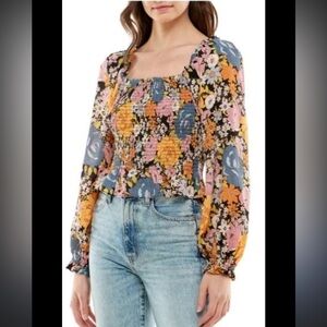 WAYF Jackie Square Neck Smocked Blouse Vintage Floral Print Size Small